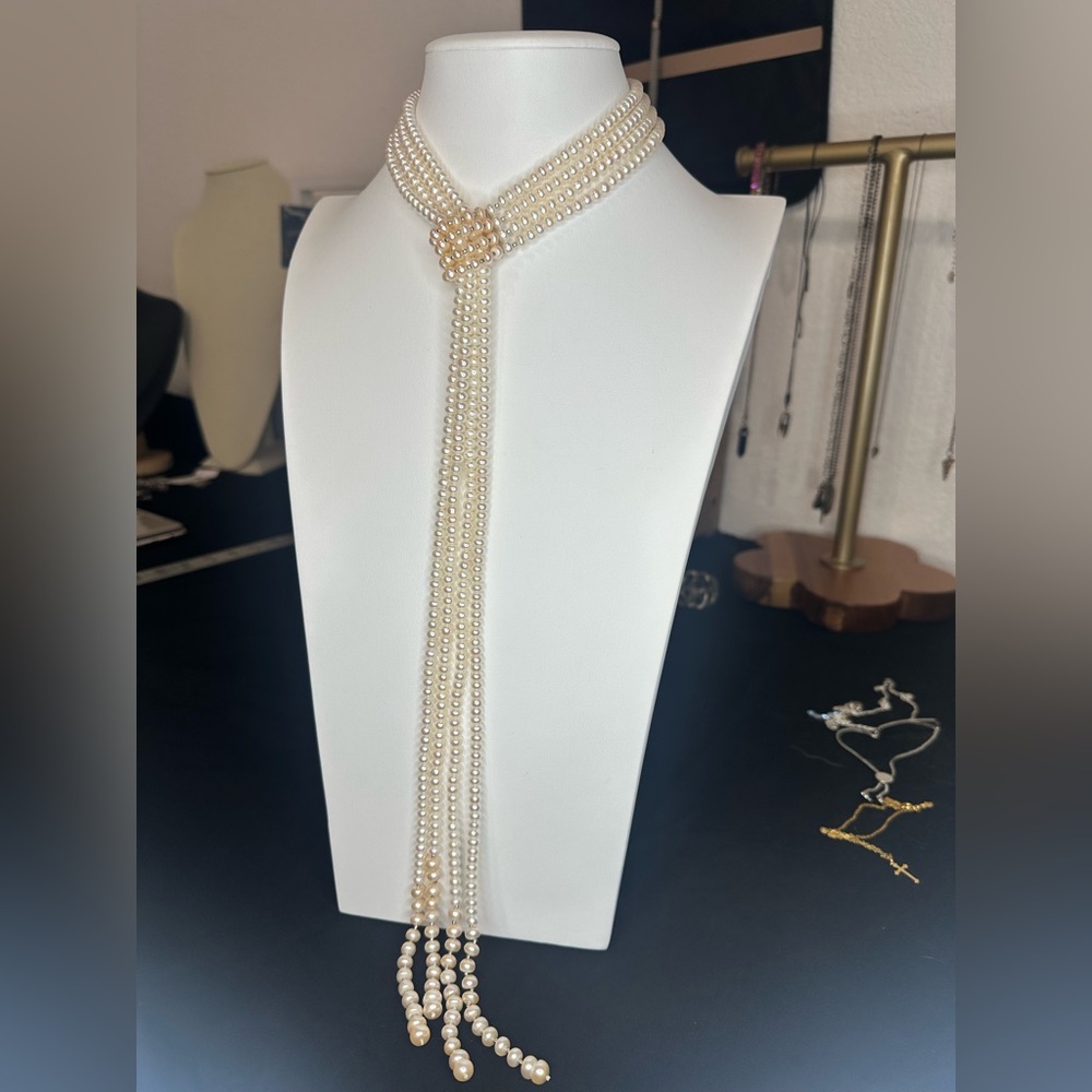 Multi-strand white cultured pearl lariat necklace with silver spacer beads, - Picture 7 of 7